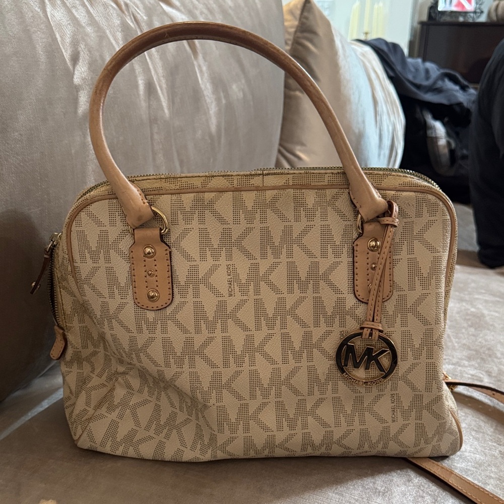 Michael Kors Tan and White Signature Satchel